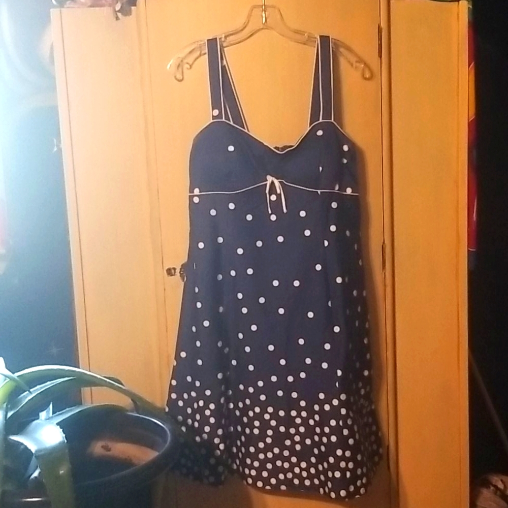 Blue and white polka dotted dress